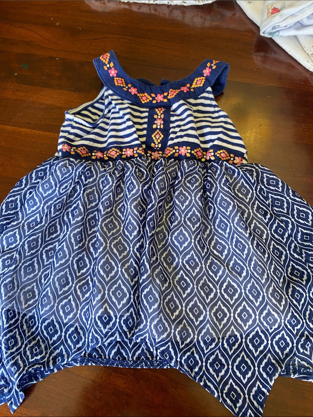 Girls' Navy Striped & Diamond Print Casual Dress with Floral Accent